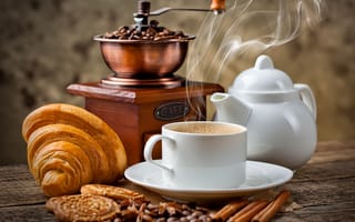 Обои Чашка горячего ароматного кофе на столе с выпечкой и корицей