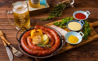 Картинка Домашняя колбаса с овощами с соусом и пивом