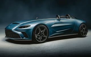 Картинка Синий автомобиль Aston Martin V12 Speedster 2020 года на сером фоне