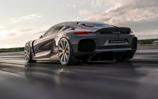 Обои Быстрый автомобиль Koenigsegg Gemera 2020 года на трассе вид сзади