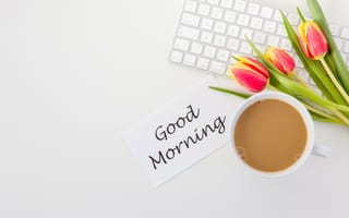Картинка Ноутбук с букетом тюльпанов и какая и надписью с Добрым утром