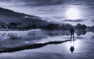 Картинка Мужчина стоит на мосту у озера ночью при свете луны