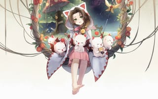 Картинка Милая девушка аниме с котятами на белом фоне