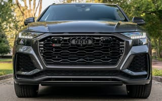 Картинка Черный автомобиль Audi RS Q8, 2021 года вид спереди