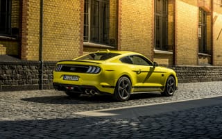Картинка Желтый автомобиль Ford Mustang Mach 1 2021 года вид сзади