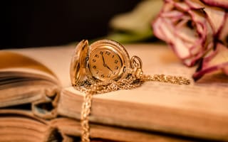 Обои Золотые женские часы на цепочке лежат на книге