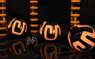Картинка Оранжево-черные 3д шары отражаются в поверхности