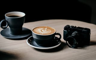Картинка Две чашки кофе на столе с фотоаппаратом