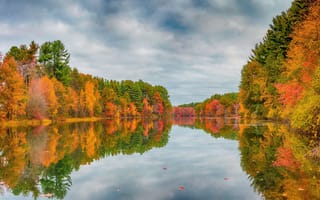 Картинка Красивые осенние деревья отражаются в спокойной глади реки