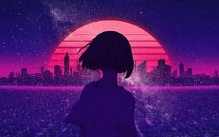 Картинка Девушка аниме на фоне ночного мегаполиса