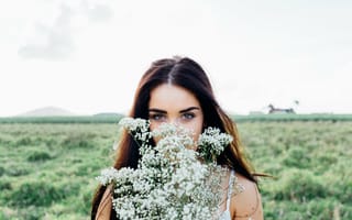 Картинка Красивая кареглазая девушка с букетом белых полевых цветов