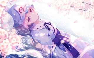 Обои Девушка аниме на фоне белых цветов