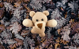 Картинка Вязаная игрушка медвежонок на листве