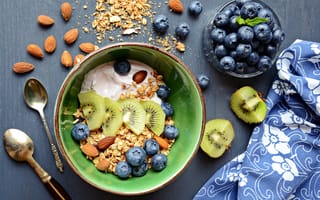 Картинка Мюсли с йогуртом, орехами, киви и черникой на завтрак