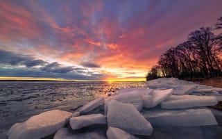 Картинка Глыбы льда лежат на берегу моря на закате