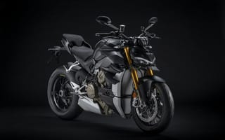 Обои Черный мотоцикл Ducati V4 Streetfighter, 2021 года на сером фоне