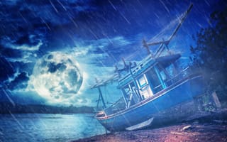 Картинка корабли, корабль, лодка, ночь, луна, дождь