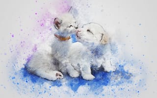 Картинка рисованные, арт, котенок, кот, собака, щенок, акварель