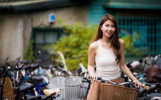 Картинка девушка, женщина, девушки, азиатка, азиатская девушка, милая, велосипед, колесо