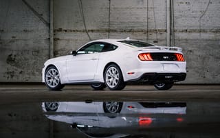 Картинка Ford Mustang GT, 2022, Форд Мустанг, Форд, Мустанг, Ford Mustang, Mustang, люкс, дорогая, машины, машина, тачки, авто, автомобиль, транспорт, белый, отражение, вид сзади, сзади