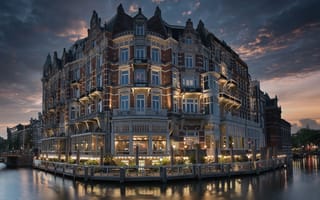 Картинка ночь, вечер, здание, архитектура, отель, De L'Europe, Амстердам, Нидерланды, города, здания, дома, город