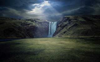 Картинка Скоугафосс, водопад, скала, утес, Скоугау, Исландия, природа, ночь, темнота