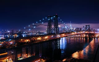Картинка Вильямсбургский мост, мост Виллиамсбург, Нью-Йорк, Нью Йорк, Ист-Ривер, США, мост, мосты, ночь, огни, подсветка