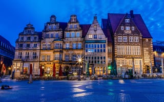 Картинка Бремен, Германия, город, города, здания, ночной город, ночь, огни, подсветка