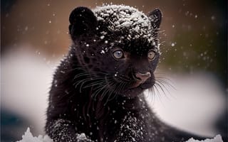 Картинка пантера, черная пантера, ягуар, дикие кошки, дикий, кошки, большие кошки, большая кошка, хищник, животные, детеныш, маленький, зима, снег