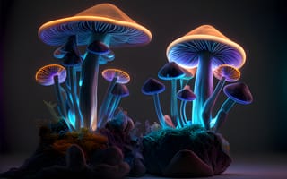 Картинка гриб, свечение, ночь, темнота, магия, фантастика, фантастические, рисованные, арт