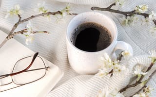 Картинка кофе, напиток, чашка, напитки, очки, цветение, весна, цветок