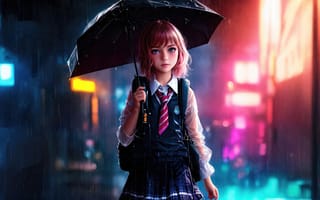 Картинка девочка, ребенок, молодая, аниме, школьница, зонт, дождь