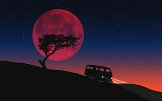 Картинка луна, ночь, темнота, рисованные, арт, пейзаж, природа, дерево, машина, автобус