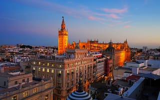Картинка Севилья, Испания, город, города, здания, здание, архитектура, вечер, закат, заход