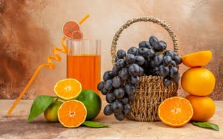 Картинка фрукты, фрукт, виноград, ягоды, ягода, апельсин, цитрус, корзина, сок, напиток