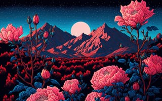 Картинка рисованные, арт, гора, цветок, цветущий, ночь, темнота, луна