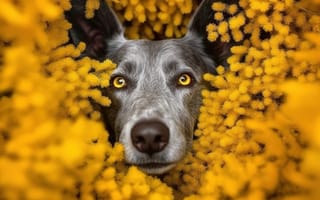 Картинка собаки, собака, пес, животное, животные, питомец, цветок, мимоза