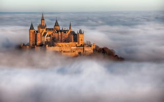 Картинка Гогенцоллерн, Германия, архитектура, замок, крепость, облачно, облачный, облака, туман, дымка, туча, облако, тучи, небо