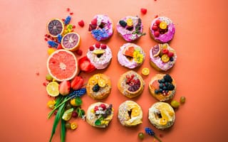 Картинка пончик, донат, сладости, выпечка, сладкий, десерт, еда, крем, сладость, фрукт, фрукты, грейпфрут, цитрус, апельсин, ягоды, ягода