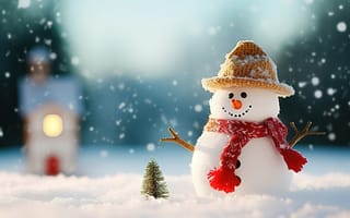 Картинка снеговик, зима, зимние, время года, сезоны, сезонные, снег, иней, изморозь, белый, ель, елка