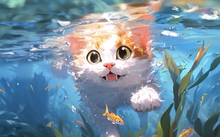 Картинка котенок, кот, маленький, кошки, кошка, кошачьи, домашние, животные, вода, озеро, рыба