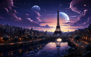 Картинка Париж, Эйфелева башня, город, здания, рисованные, арт, ночь, луна