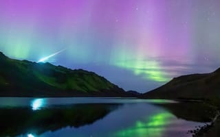 Картинка природа, пейзаж, гора, озеро, пруд, вода, северное сияние, полярное сияние, небо, яркое, ночь, Исландия
