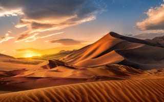 Картинка пустыня, песок, песчаный, природа, гора, холм, дюна, засушливый, бархан, вечер, закат, заход, облака, туча, облако, тучи, небо