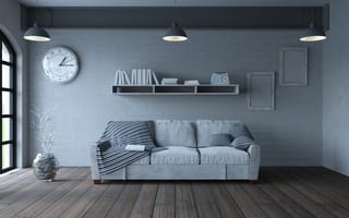 Картинка интерьер, дизайн, комната, диван, часы, серый