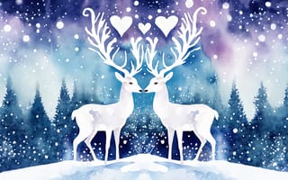 Картинка олень, зима, снег, ночь, лес, пера, сердце, любовь, рисованные, арт, акварель, акварельные