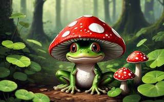 Картинка жаба, лягушка, гриб, мухомор, лес, рисованные, арт