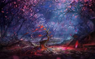 Картинка лес, деревья, дерево, природа, рисованные, арт, осень