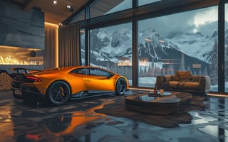 Картинка Lamborghini Huracan, Lamborghini, Ламборджини, Ламборгини, Huracan, машины, машина, тачки, авто, автомобиль, транспорт, оранжевый, гора, зима, снег, комната