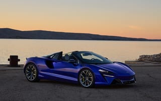 Картинка McLaren, McLaren Artura Spider, McLaren Artura, Spider, Artura, Макларен, машины, машина, тачки, авто, автомобиль, транспорт, спорткар, спортивный, озеро, пруд, вода, синий, вечер, закат, заход